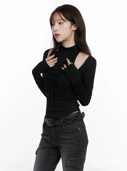 Ribbon Turtleneck Cutout Top IN514