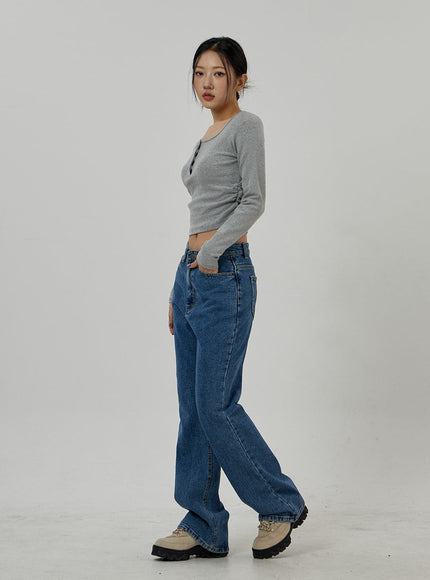 Button Neck Long Sleeve Cropped Top CD21