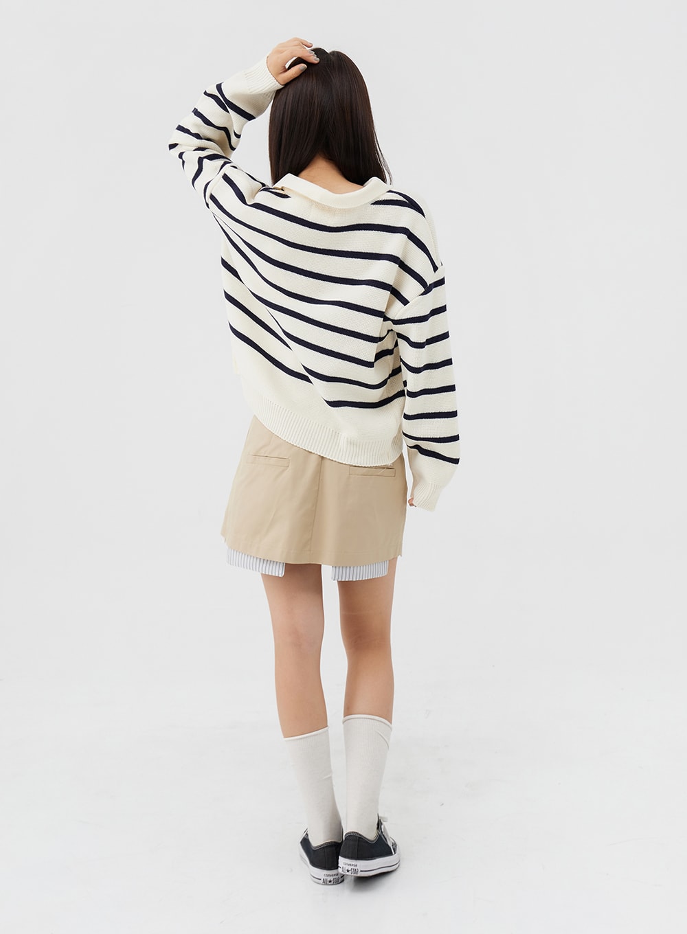 V-Neck Stripe Long Sleeve Knit with Collar IG24
