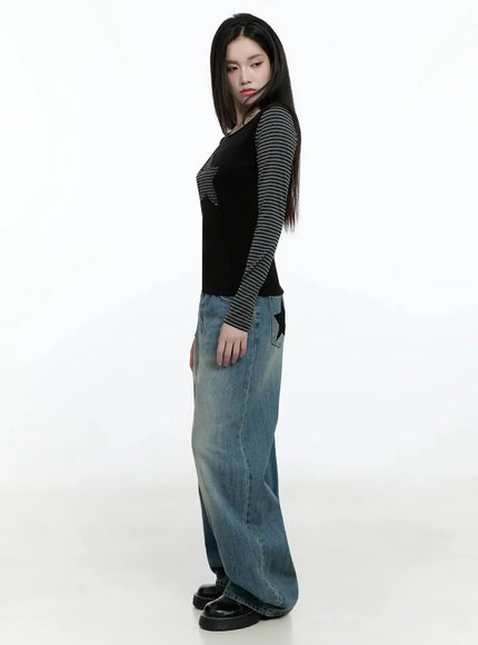 Striped Embroidery Long Sleeve Tee IO520