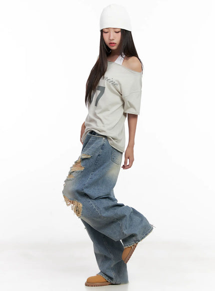 Manon Washed Distressed Wide Jeans CL518