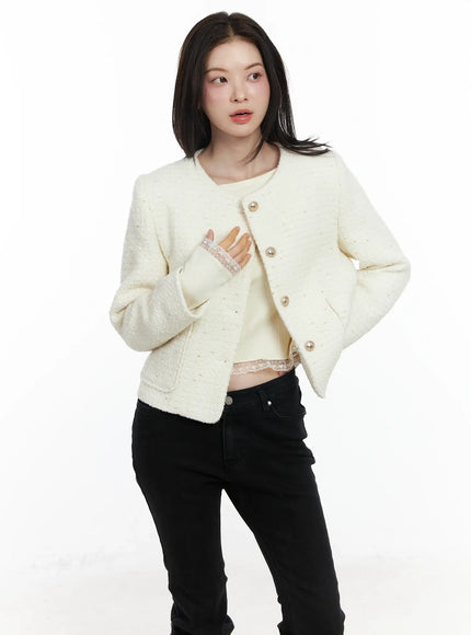 round-neck-buttoned-tweed-jacket-if520 / Light beige