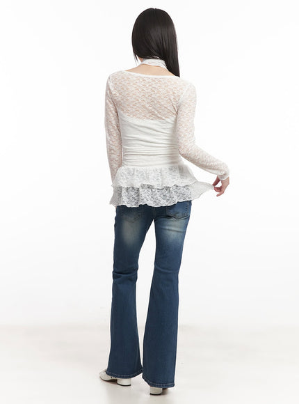 Lace Frill Slim-Fit Long Sleeve Top & Scarf Set CM519