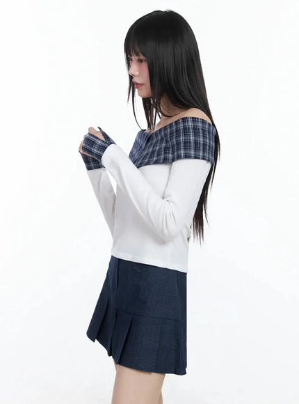 Plaid Off-Shoulder Long Sleeve Top IM523