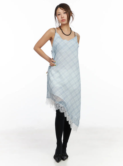 asymmetric-lace-trim-plaid-midi-dress-cf511 / Light blue