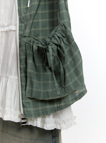 Ribbon Pocket Checkered Hooded Jacket CA508
