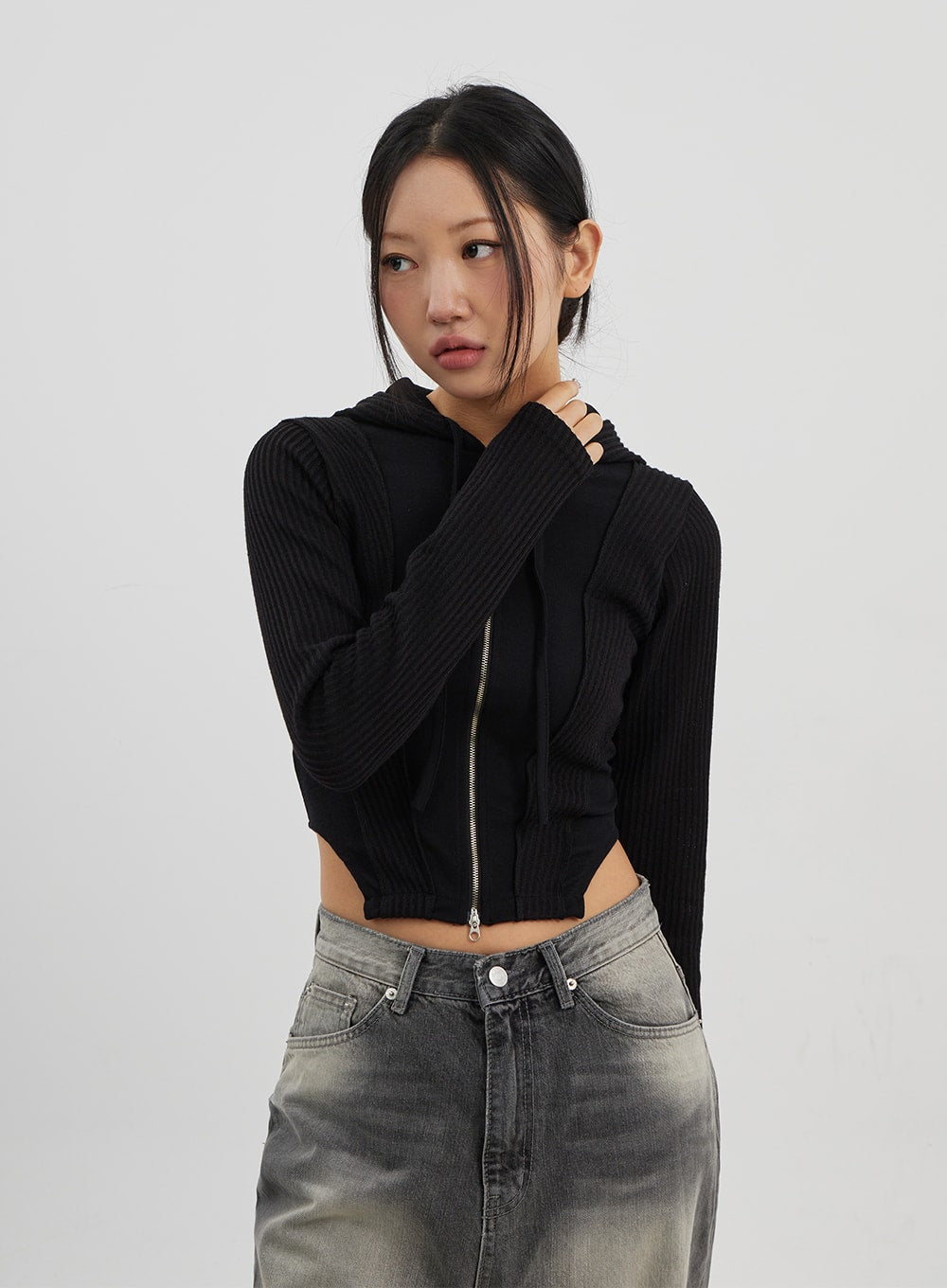 Ribbed Cropped Zip-Up Hoodie CJ330