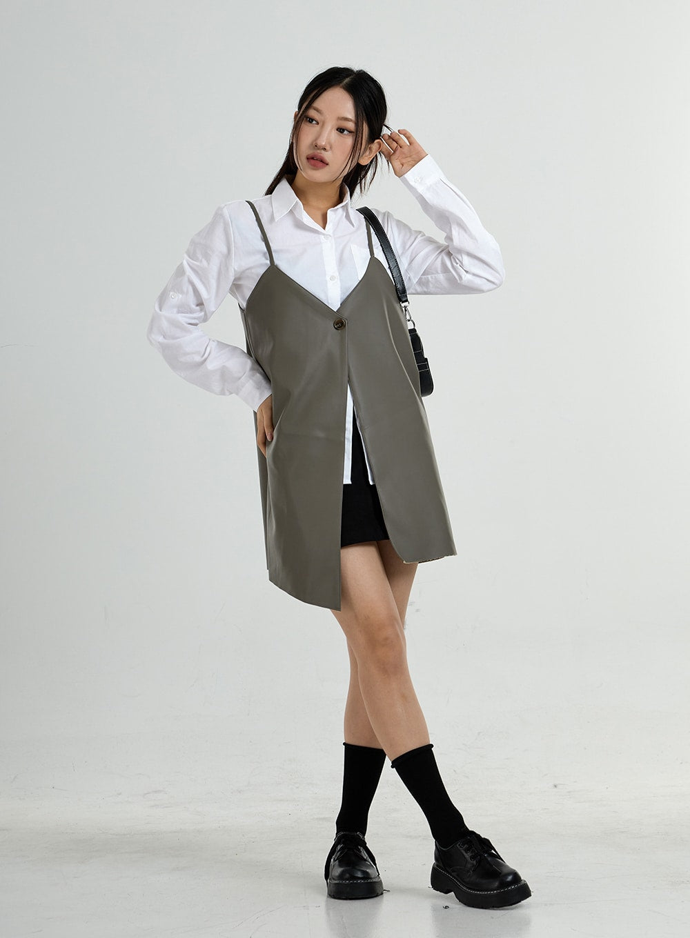 One Button Layered Faux Leather Dress CO24