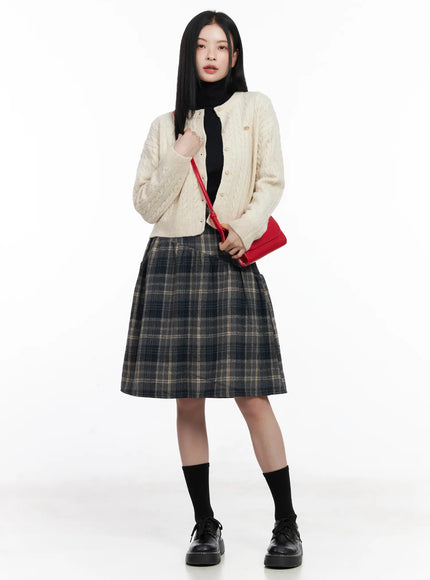 plaid-button-detail-flare-midi-skirt-cj520