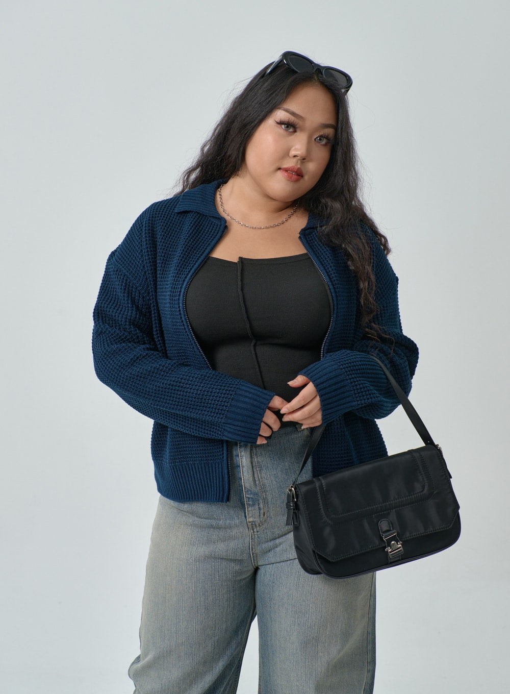 Plus Waffle Pattern Collared Two Way Zip-Up Knit