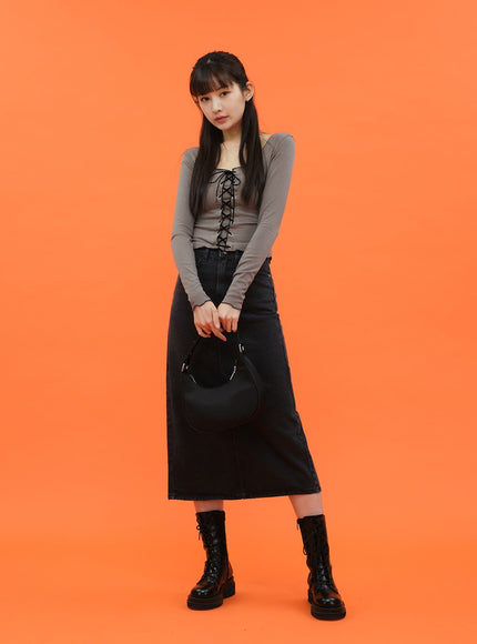 Cropped Long Sleeve Top with Front Lace Detail C1703