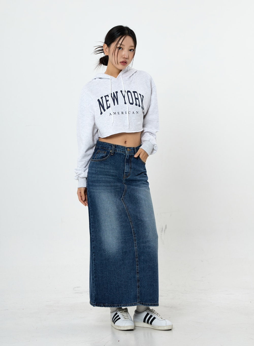 Grid Washing Long Jeans Skirt CS23