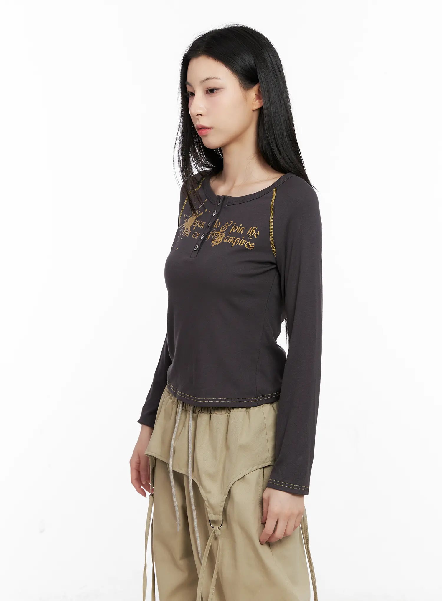 Tattoo Graphic U-Neck Long Sleeve Tee CG526