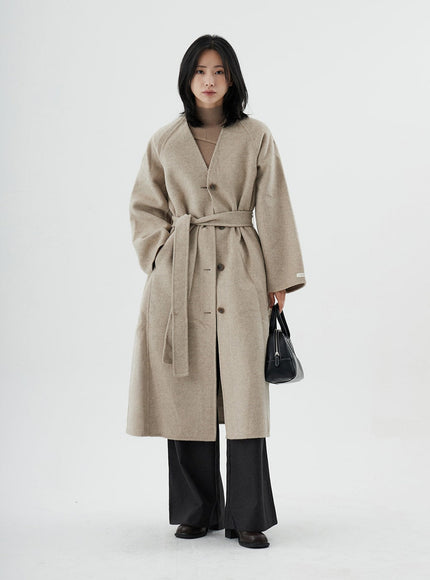 V-Neck Waist Tie Long Coat ON02