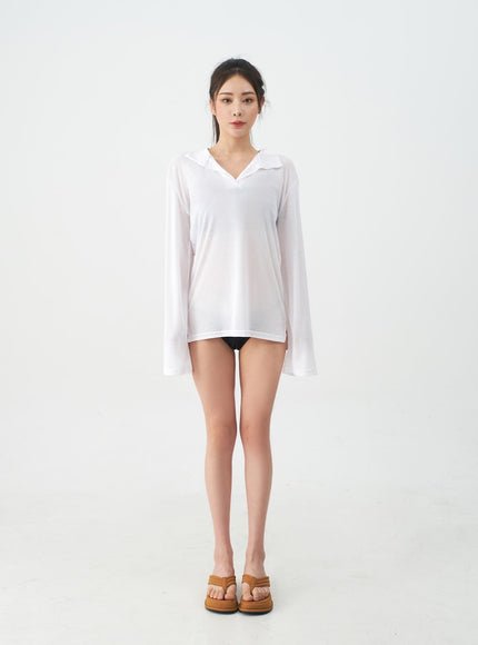 Soft Collar Sheer Long Sleeve Top IJ13