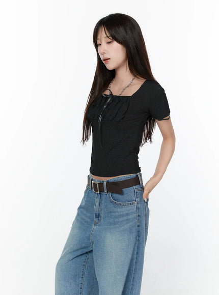 ruffled-ribbon-short-sleeve-top-cy514 / Black
