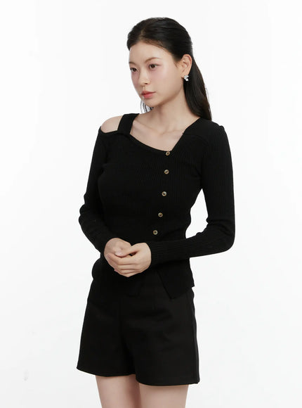 asymmetric-button-long-sleeve-knit-top-f502 / Black