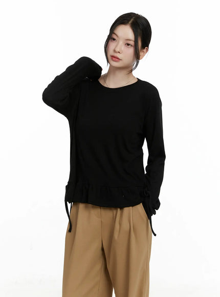 frill-ribbon-long-sleeve-top-f502 / Black