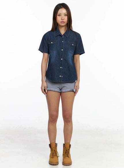 Short Sleeve Denim Button-Up Shirt IY501