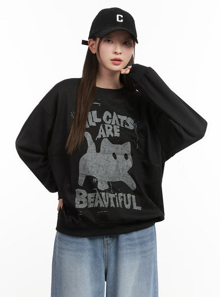 Oversized Cat Graphic Crew Neck IJ527