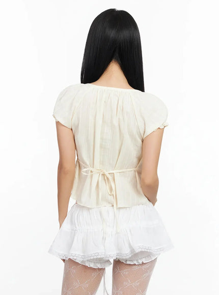 Vintage Puff Sleeve Lace Trim Blouse IA507