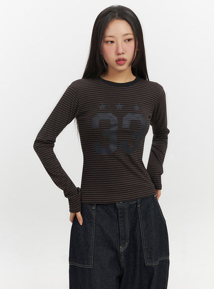 Slim-Fit Striped Long Sleeve Top with Graphic IF511