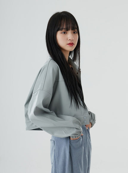 Faux Leather Button Crop Jacket OO26