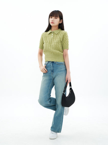 Cable Knit Collared Short-sleeve Sweater CA01