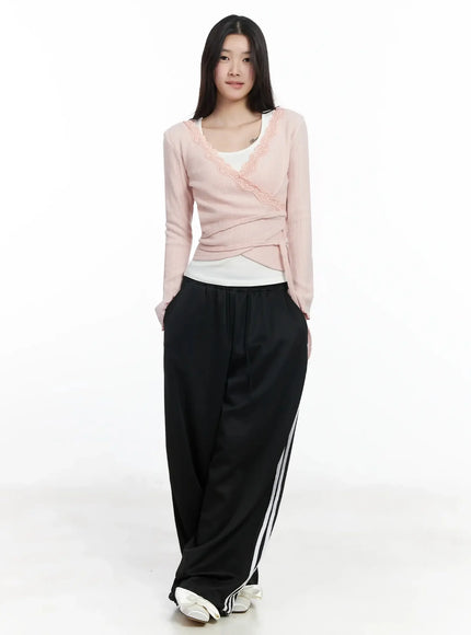 Lace Trim V-Neck Wrap Top IM506