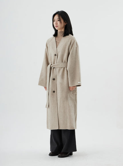 V-Neck Waist Tie Long Coat ON02