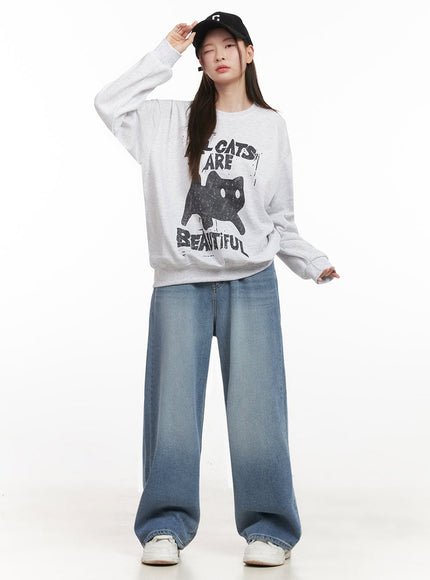 Oversized Cat Graphic Crew Neck IJ527