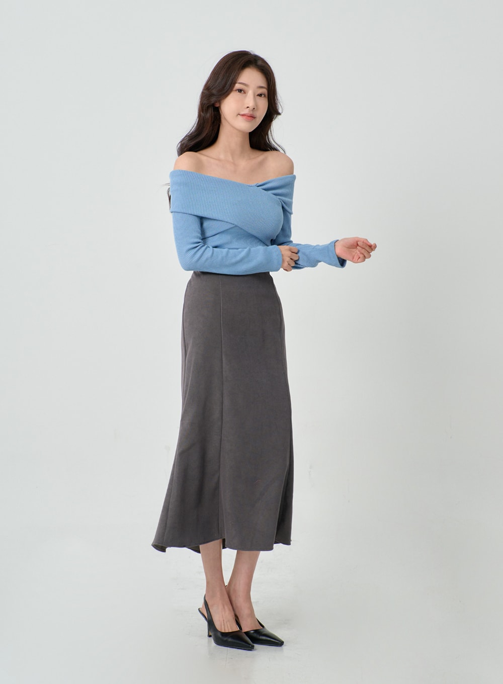 Off-Shoulder Cross Knit Long Sleeve T-Shirt IN07