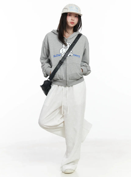 Teddy Bear Graphic Two-Way Zip-Up Hoodie IF525