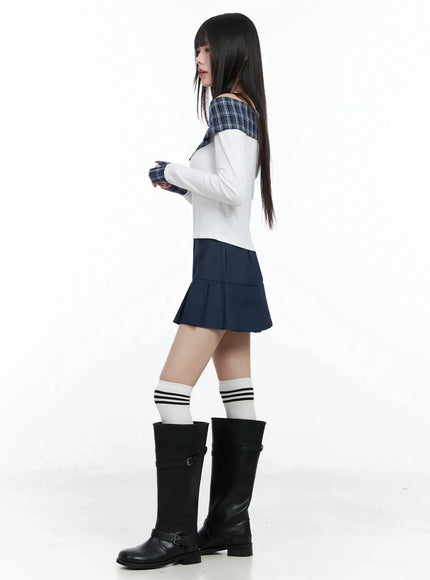 Plaid Off-Shoulder Long Sleeve Top IM523