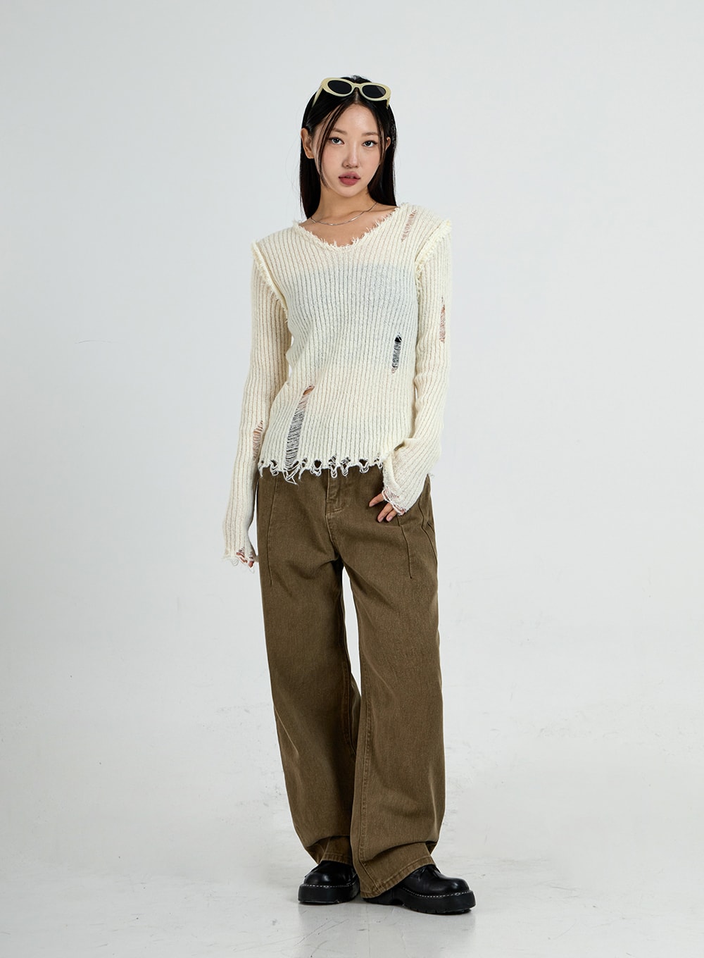 Ripped V-Neck Knit Top CO13