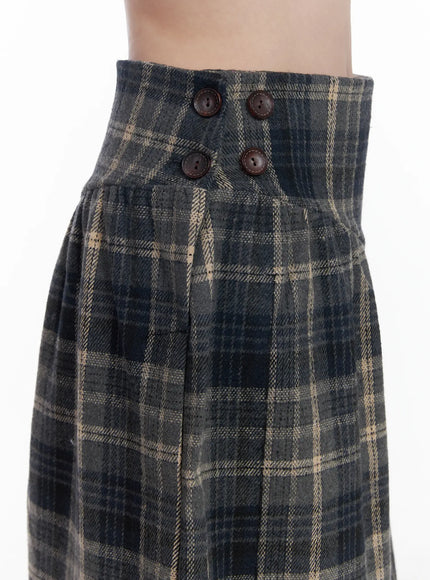 plaid-button-detail-flare-midi-skirt-cj520