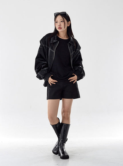 Over Fit Stitch Faux Leather Jacket Unisex CG16