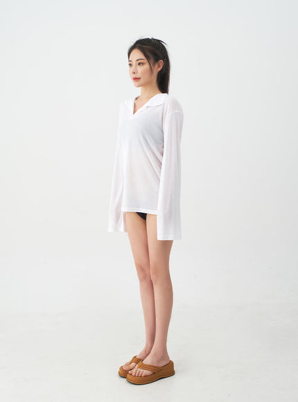 Soft Collar Sheer Long Sleeve Top IJ13