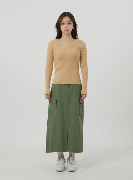 Ribbed Knit V-Neck Top OJ325