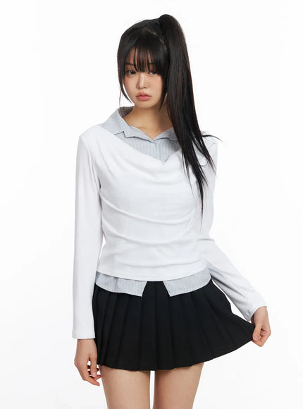 layered-button-up-cowl-neck-long-sleeve-top-cf504 / White