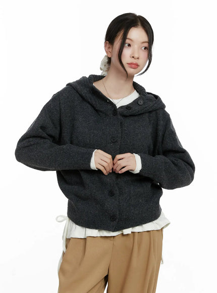 Button Hooded Knit Cardigan F502