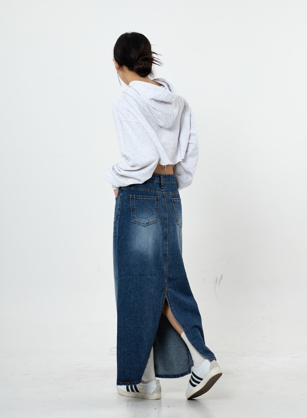 Grid Washing Long Jeans Skirt CS23