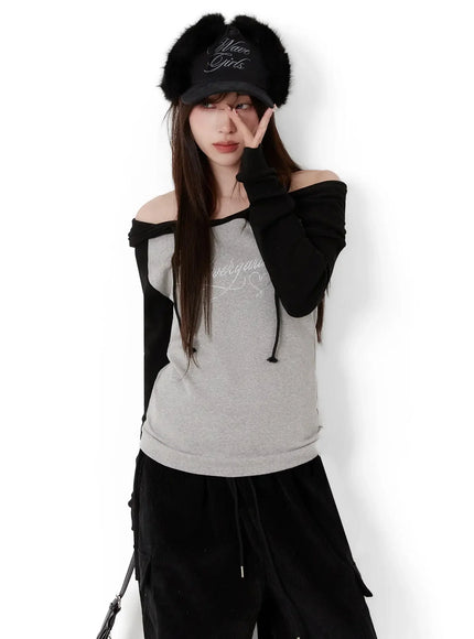 Off-Shoulder Hooded Lettering Top IJ521