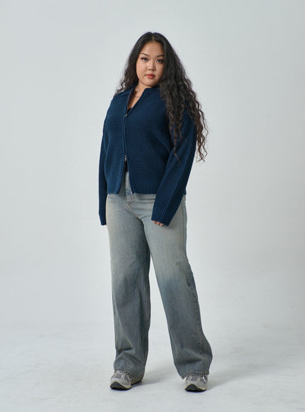 Plus Waffle Pattern Collared Two Way Zip-Up Knit