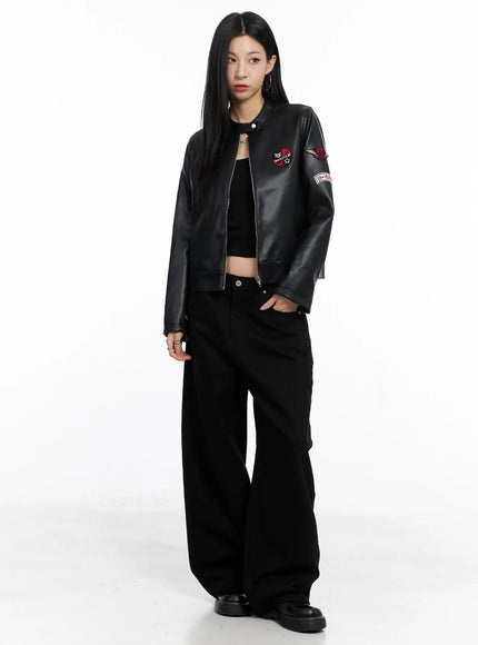 Graphic Crop Leather Jacket CC1109