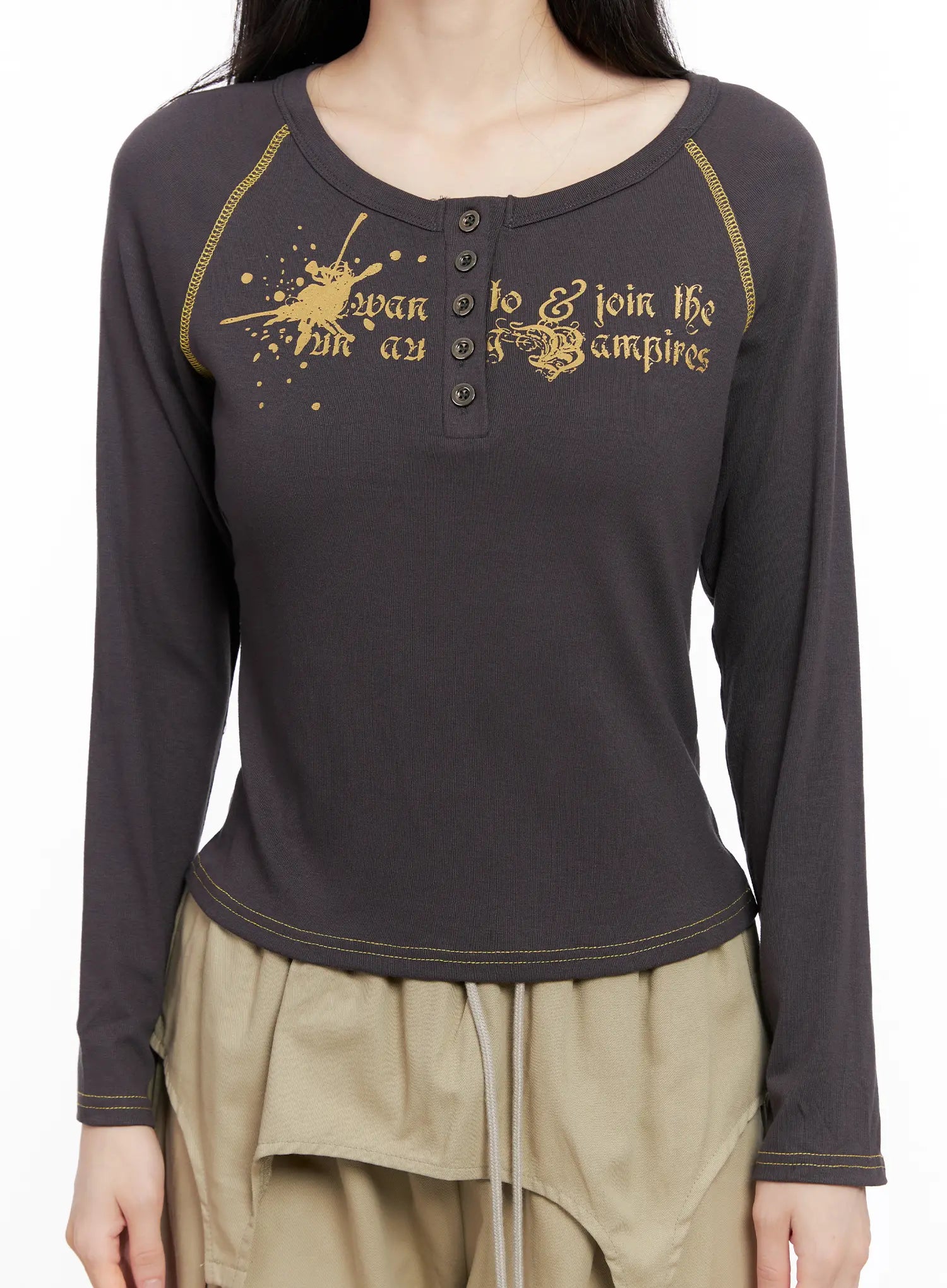 Tattoo Graphic U-Neck Long Sleeve Tee CG526