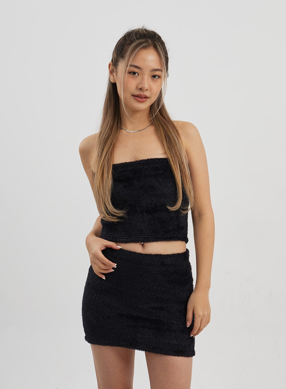 Teddy Cardigan Tube Top And Mini Skirt Set CJ325