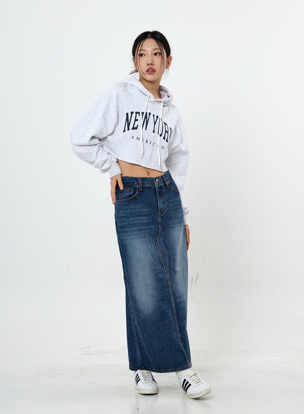 Grid Washing Long Jeans Skirt CS23