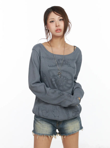 oversized-graphic-ribbed-long-sleeve-top-cf511 / Dark gray