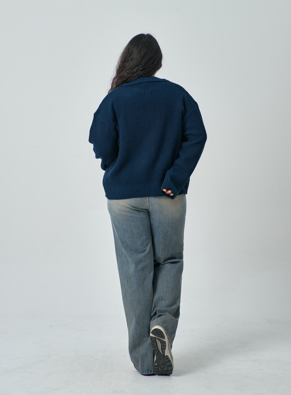 Plus Waffle Pattern Collared Two Way Zip-Up Knit